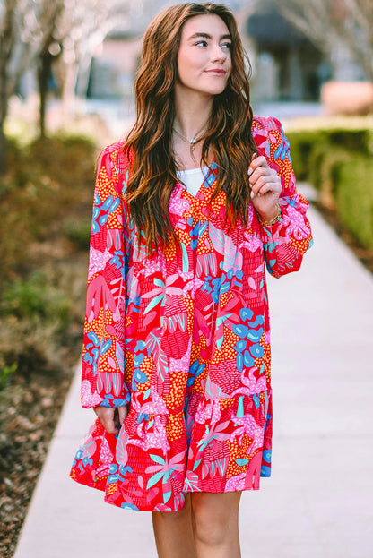 Rose V Neck Bubble Sleeve Boho Flower Flowy Dress - Eloy Royal