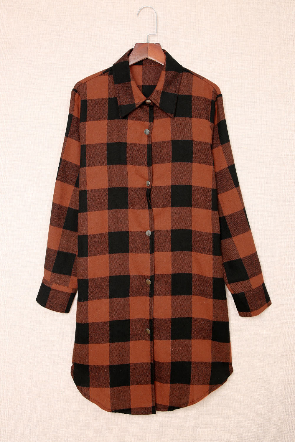 Wholesale Brown & Black Plaid Collared Botton Down Long Shirt Shacket - Eloy Royal