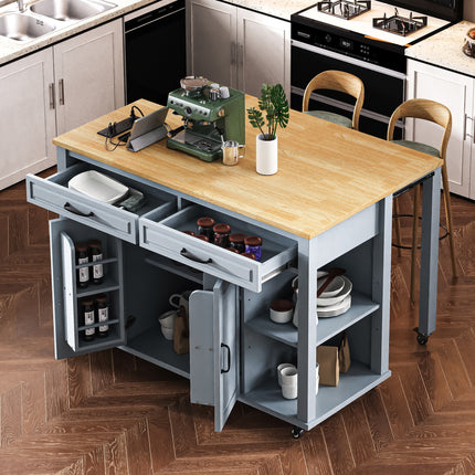 K&K Kitchen Island with Extendable Dining Table with Rubber Wood Veneer Kitchen