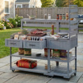 (With Assembly Video) TOPMAX 62.3'' Patio Kitchen Island Solid Wood Kitchen Cart with Stainless Table Top, Garden Potting Bench with Raised Shelf and Drawers, Grill Prep Table for BBQ, Party, Gray