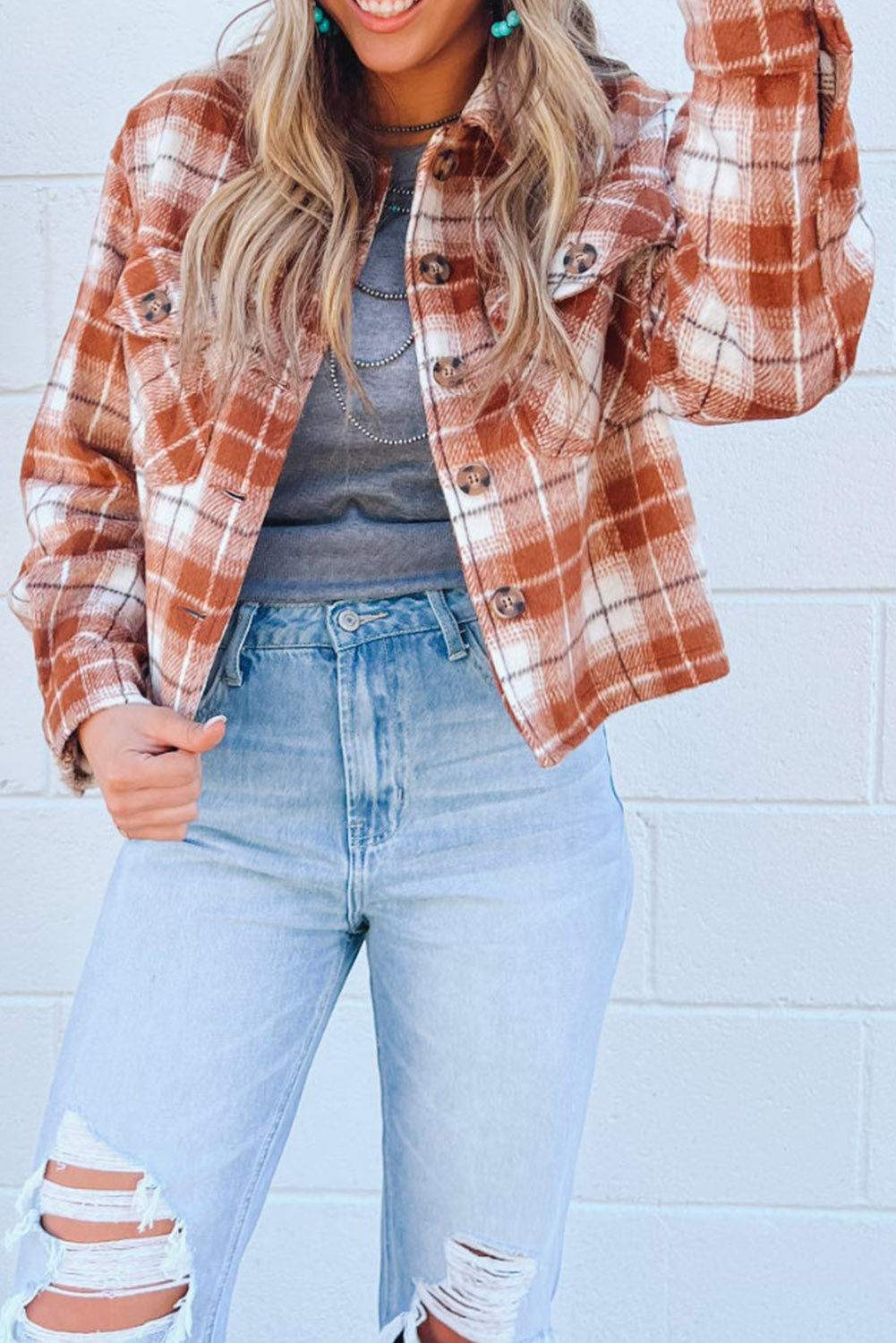 Wholesale Orange Plaid Button-Up Flap Pocket Cropped Jacket - Eloy Royal