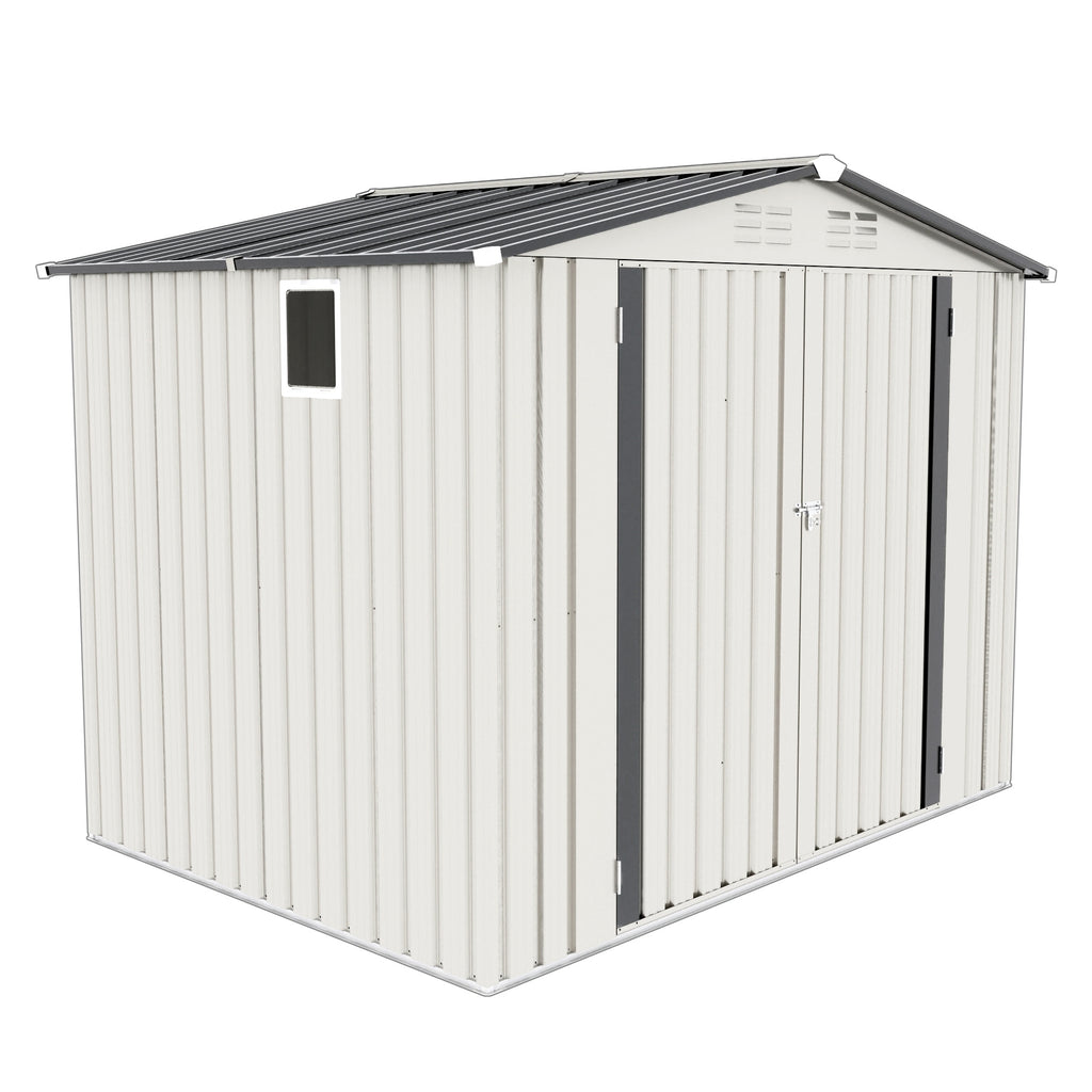 8X6 FT Metal Outdoor Garden Storage Shed, Tool Shed with Pitched Roof Waterproof with One Window and Two Lockable Door, Metal Tool Shed for Garden Tool Storage, Sundries  Storage, White + Gray