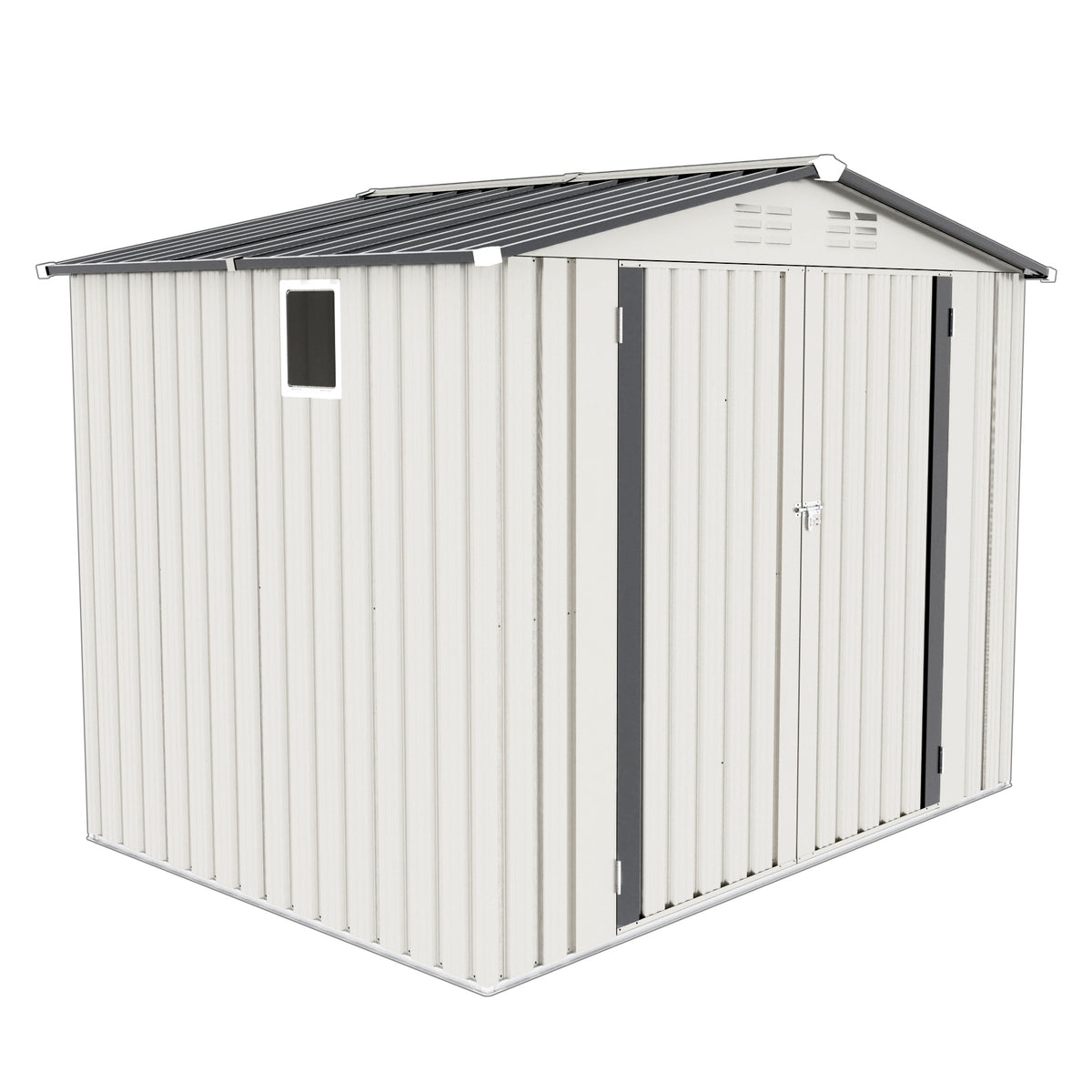 8X6 FT Metal Outdoor Garden Storage Shed, Tool Shed with Pitched Roof Waterproof with One Window and Two Lockable Door, Metal Tool Shed for Garden Tool Storage, Sundries  Storage, White + Gray