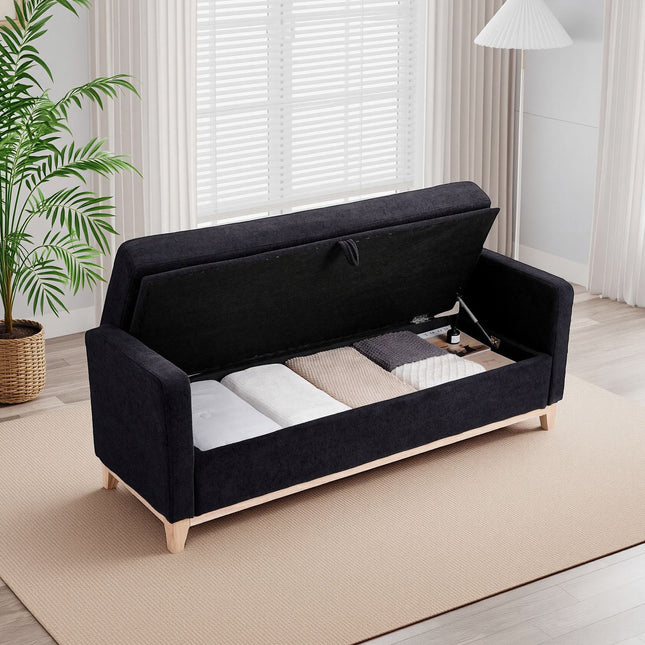 66 Inch Black Sherpa Storage Bench with Solid Wood Legs & 2 Bolster Pillows, Multifunctional End of Bed Bench for Bedroom, Living Room, Entryway