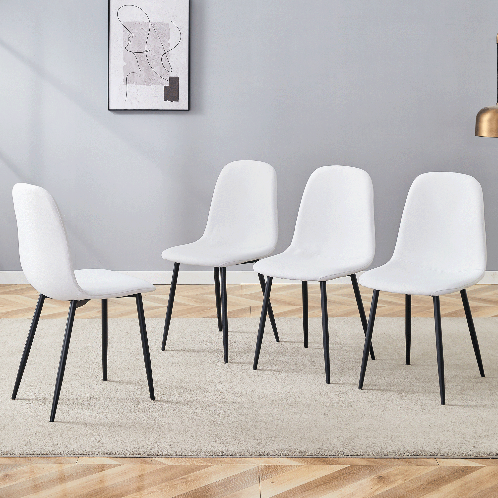 Luxury Simple Chair - Set of 4 WHITE Linen-Cotton Material High Resilience Dining Chair with Metal Black Leg.Integral metal leg architecture,Suitable for various interior decoration stylesW1151P262624