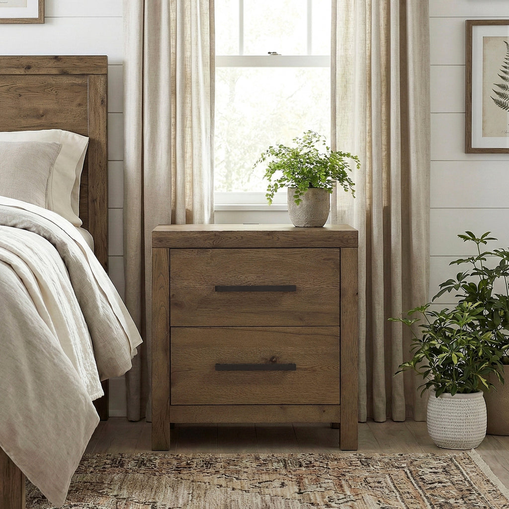 Rustic Modern Brown Nightstand with Charging Ports Bulit-in USB Sturdy Frame Drawers Bedroom Furniture 1pc Bedside Cabinet