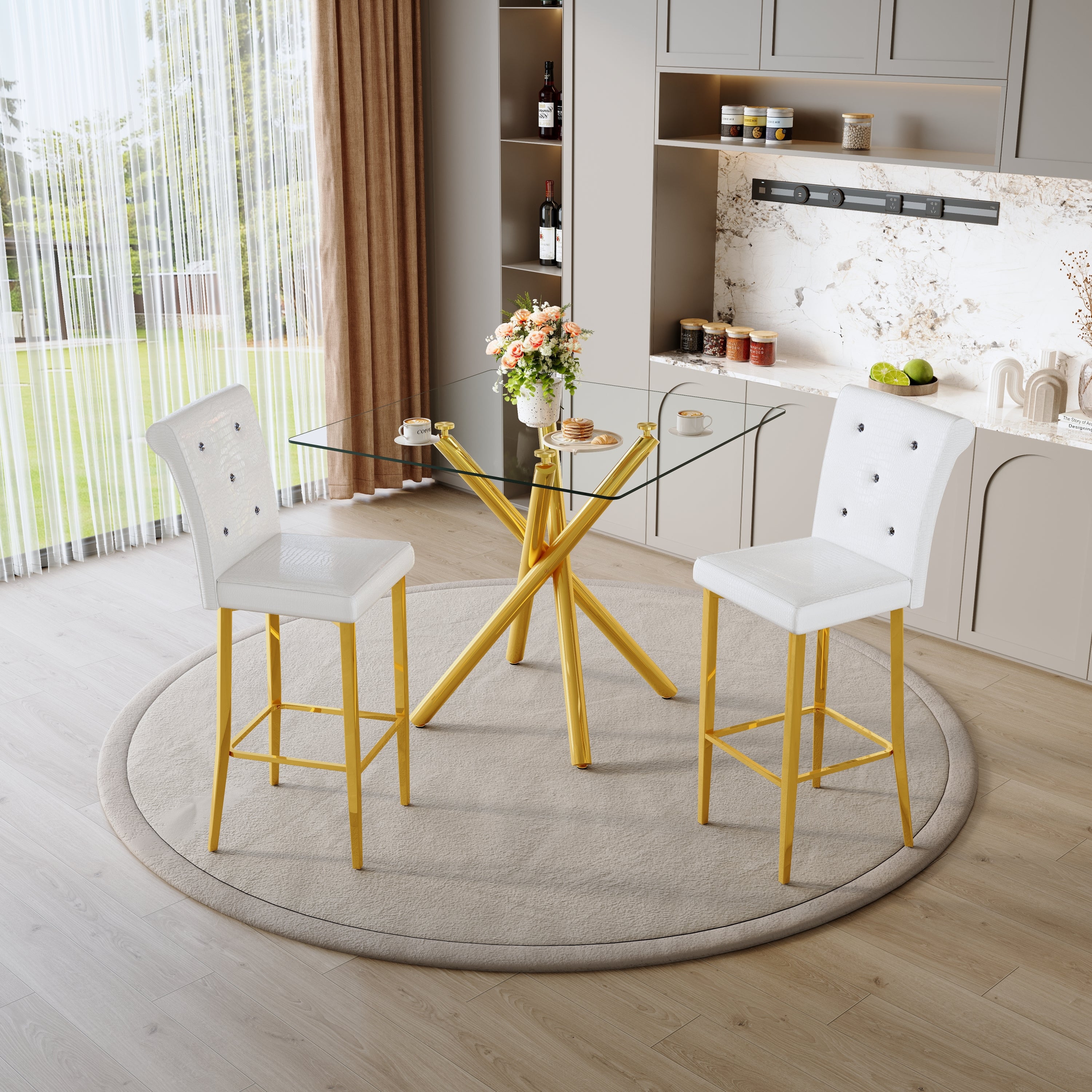 Modern Glass Bar Table and Fixed-Height Bar Stools Set of 2, Contemporary Counter Height Pub Table with Gold Chrome Legs, White PU Leather Bar Chairs for Kitchen Island, Home Bar, Small Space