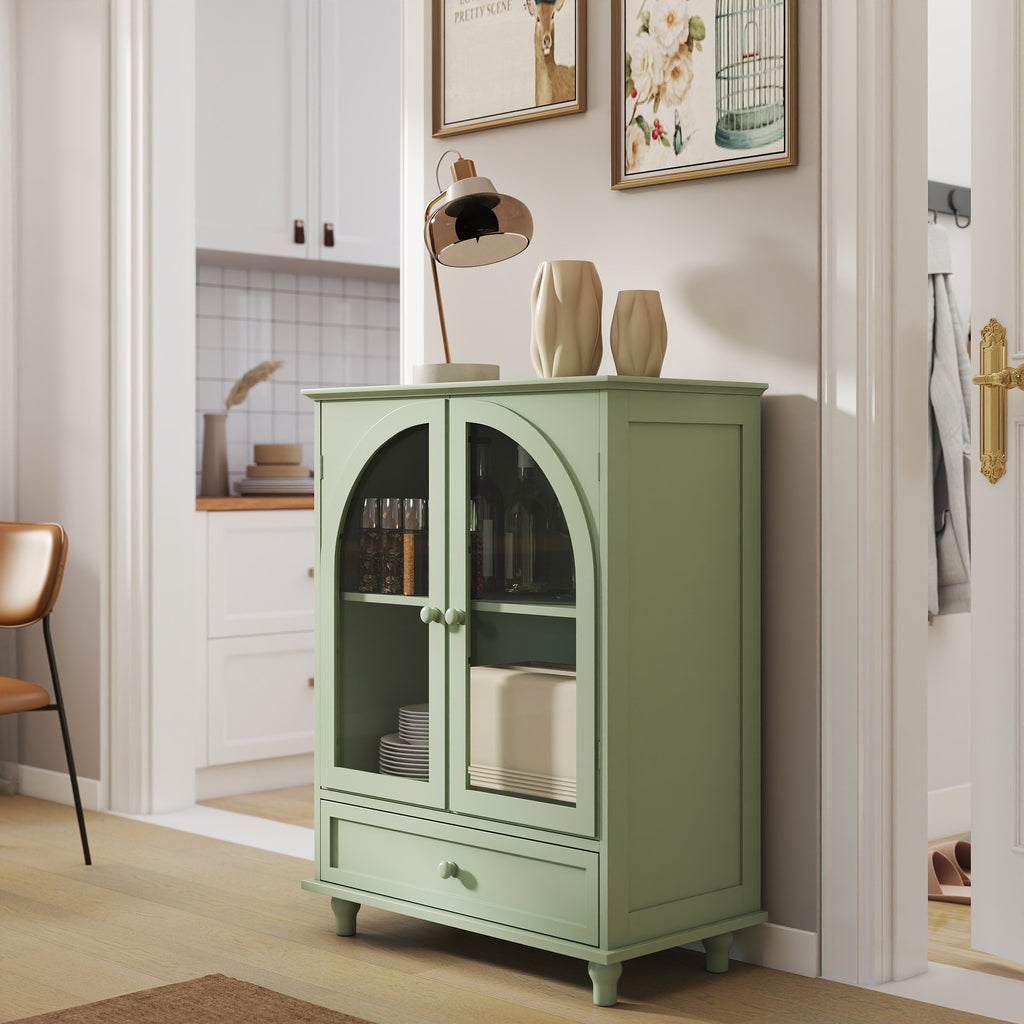 Farmhouse Sideboard with Double Arched Glass Doors, Green Storage Cabinet with Tiered Top & 1 Drawer for Kitchen, Living Room, Coffee Bar