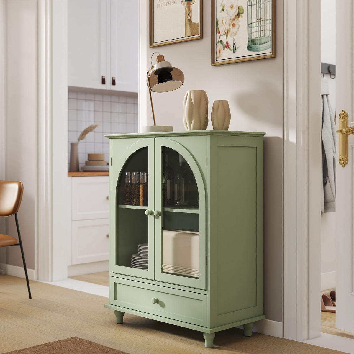 Farmhouse Sideboard with Double Arched Glass Doors, Green Storage Cabinet with Tiered Top & 1 Drawer for Kitchen, Living Room, Coffee Bar
