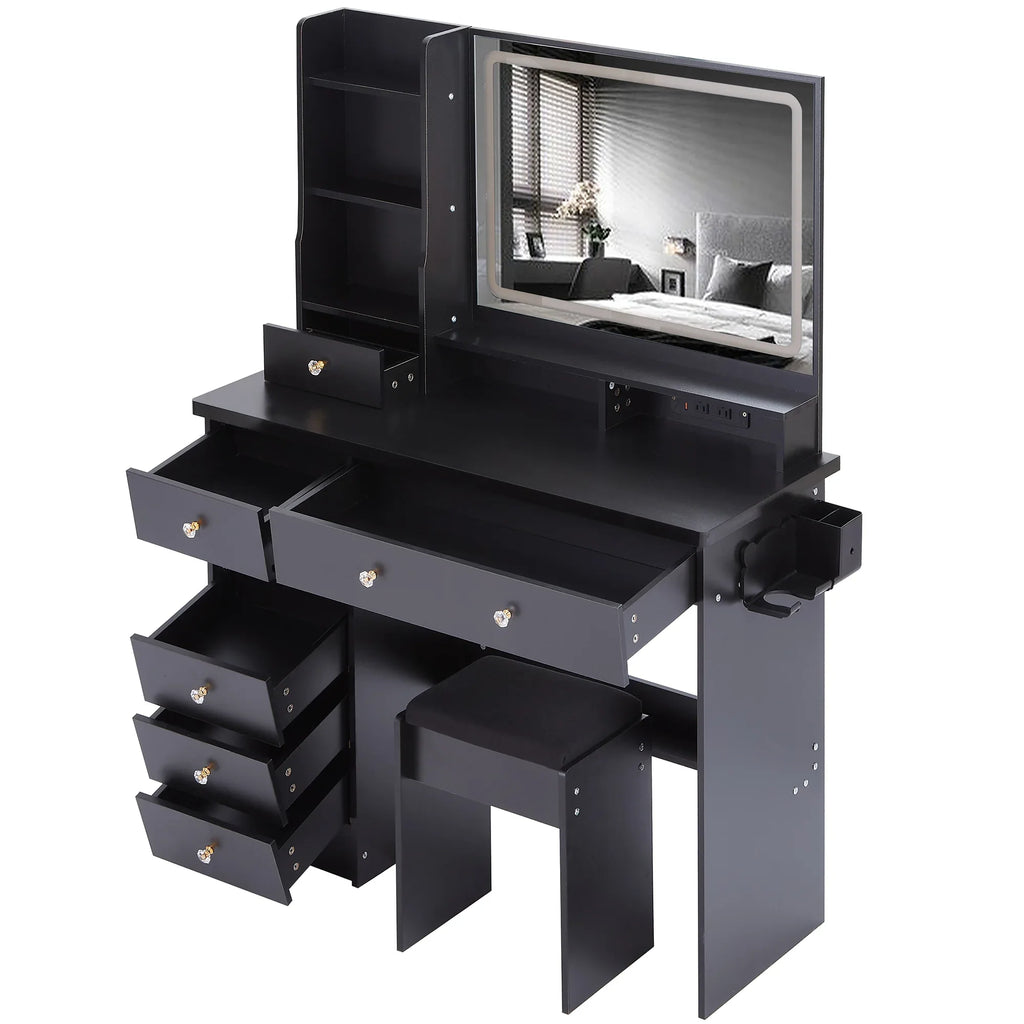 41' Large Size Left Drawer Desktop Vanity Table+Cushioned Stool Dresser Set, 2 AC+2 USB Power Station, Hair Dryer Stand, Extra Large Touch Control LED Mirror, 3-color Switch, EPA, GCC, UL Certificate - Eloy Royal