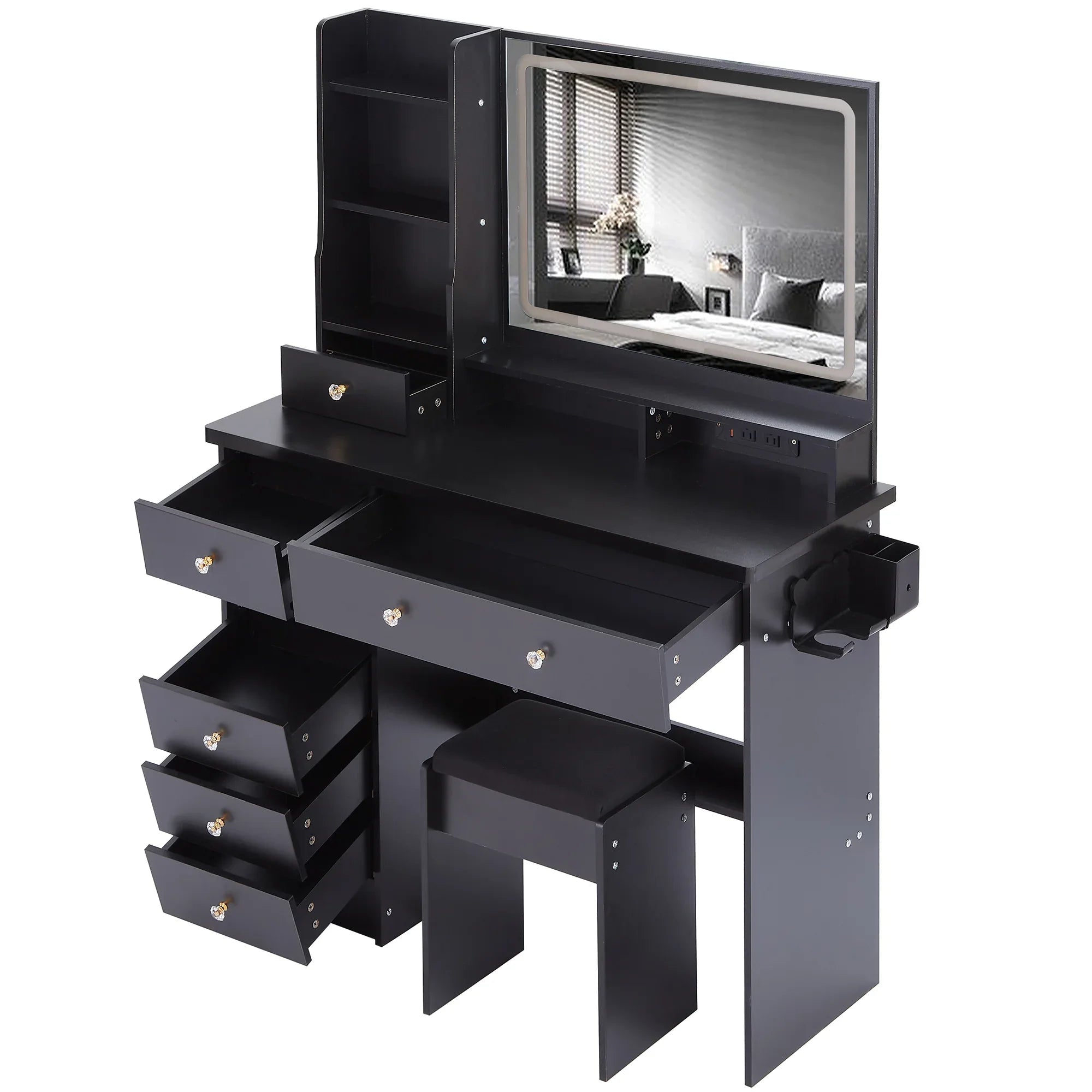 41' Large Size Left Drawer Desktop Vanity Table+Cushioned Stool Dresser Set, 2 AC+2 USB Power Station, Hair Dryer Stand, Extra Large Touch Control LED Mirror, 3-color Switch, EPA, GCC, UL Certificate - Eloy Royal
