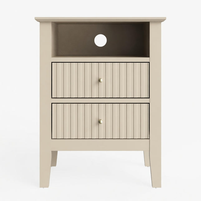 18' Beige Fluted Nightstand with 2 Drawers - Modern Bedroom Sofa Side Table in Matte Beige Engineered Wood with Gold Knobs