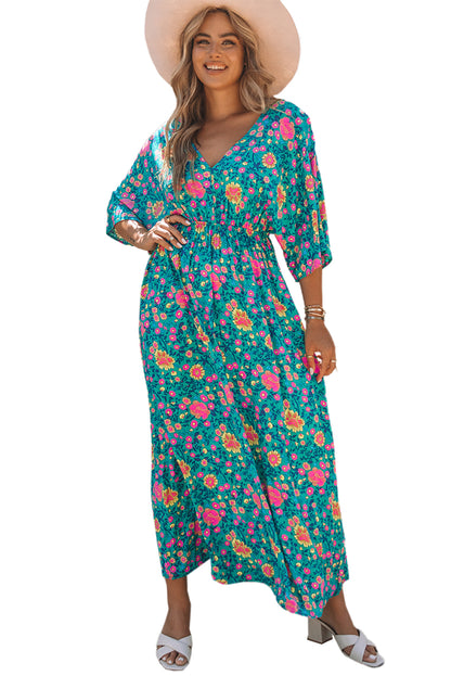 Floral Print Deep V Neck Flutter Sleeve Boho Maxi Dress - Eloy Royal