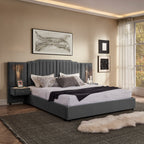 King Size Upholstered Bed Frame with Velvet Fabric, Vertical Stripe Design with Buttons Around King Size Platform Bed with Headboard, Solid Frame & Bedside Table - No Box Spring Needed-Gray