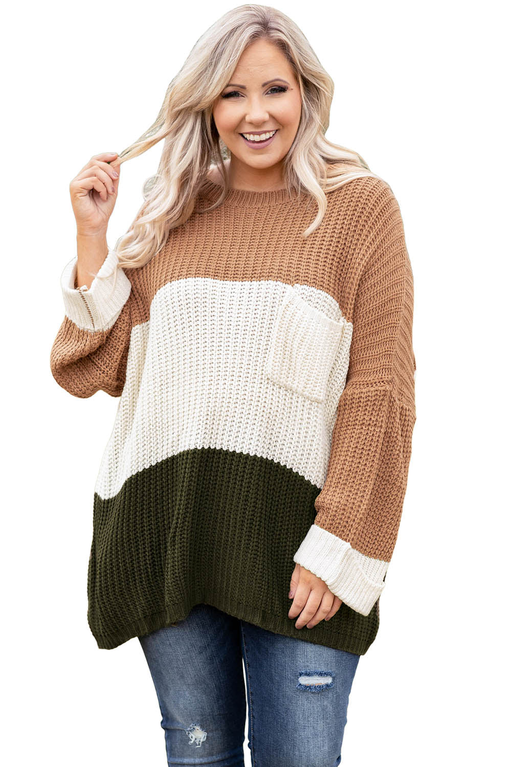 Khaki Color Block Tiered Knit Plus Size Sweater - Eloy Royal