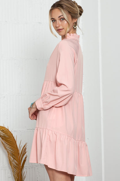 Pink Casual Stand V Neck Short Frill Dress - Eloy Royal