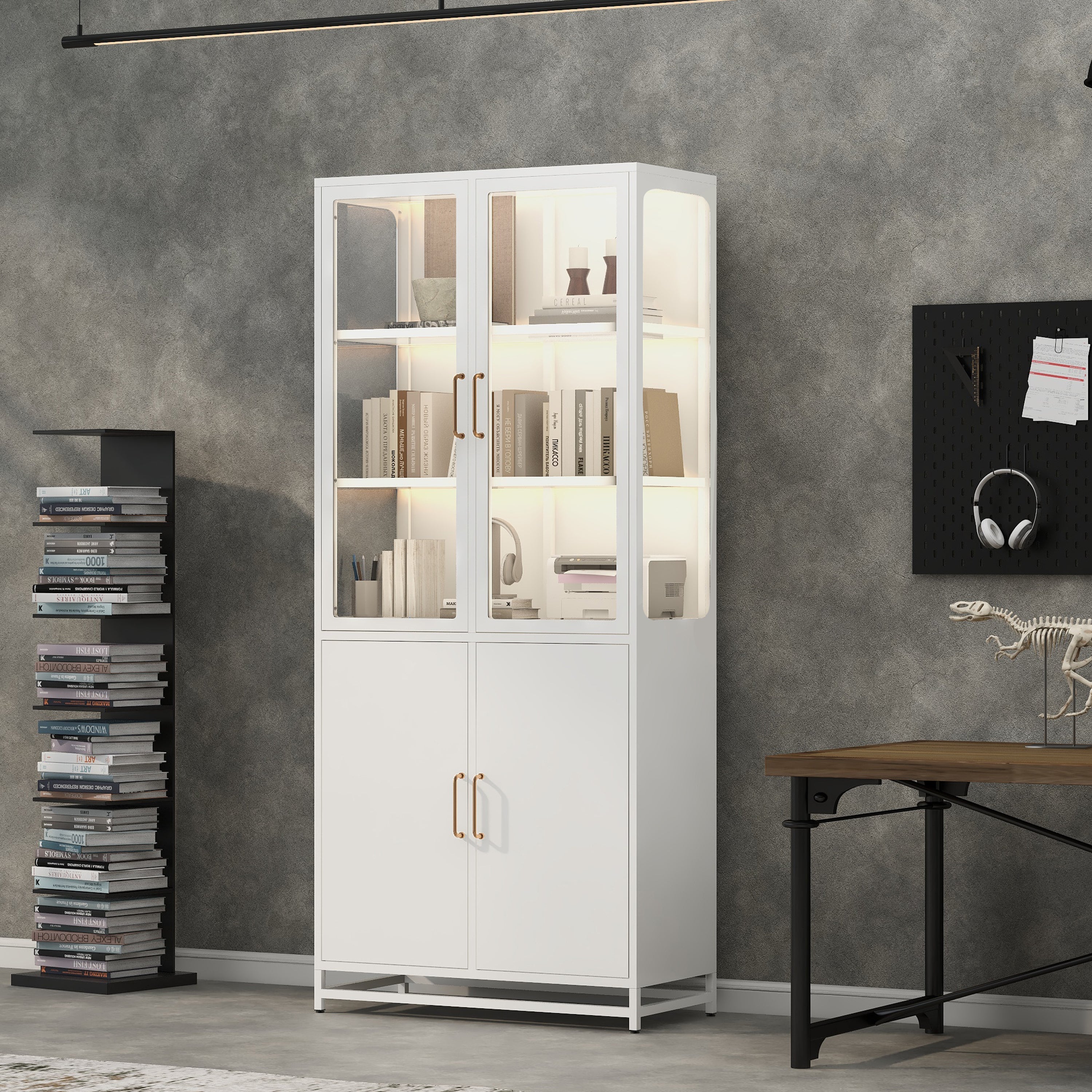 76.75'' Tall Display Cabinet, with Glass Doors and LED Lights, Steel Curio Cabinet with 3-Sided Glass, Pantry Cabinet with Storage for Hallways, Livingroom Kitchen Home Decor & Office - White