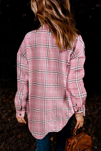 Wholesale Pink Plaid Casual Button Up Shirt Shacket with Slits - Eloy Royal