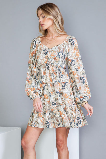 Floral Print Boho Ruched Sweetheart Neck Frilled Dress - Eloy Royal