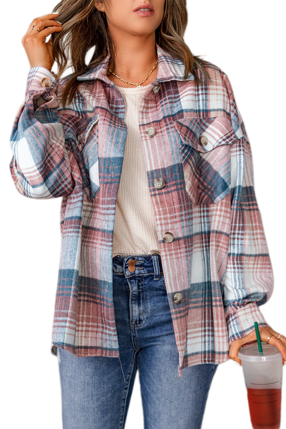 Pink & Grey Plaid Button Up Collared Flannel Shacket - Eloy Royal