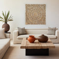 Wooden Floral Hand Carved Mandala Square Wall Decor with Spiritual Symbolism in Gold and White, 48x48 Inches