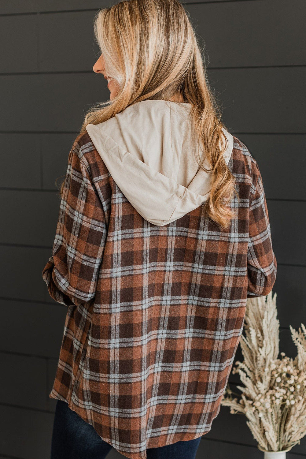 Brown Plus Size Plaid Button Up Contrast Hooded Shirt - Eloy Royal