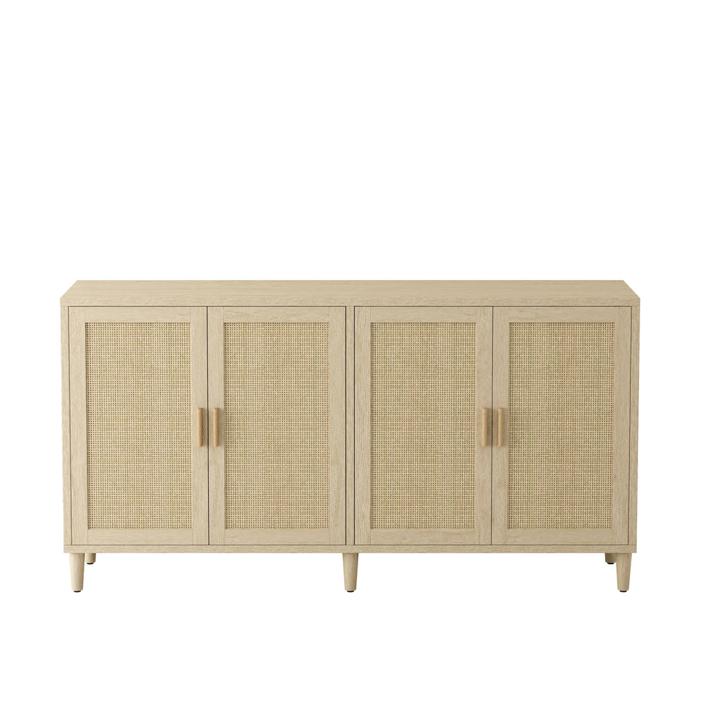 Natural Rattan Buffet Cabinet with Storage, 4-Door Sideboard, Adjustable Shelves, 70-Inch