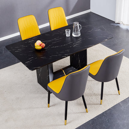 Table and chair set.This modern dining table with MDF marbled design gives you a luxurious and elegant feel.Paired with multiple chairs with PU artificial leather backrest cushions and black legs.