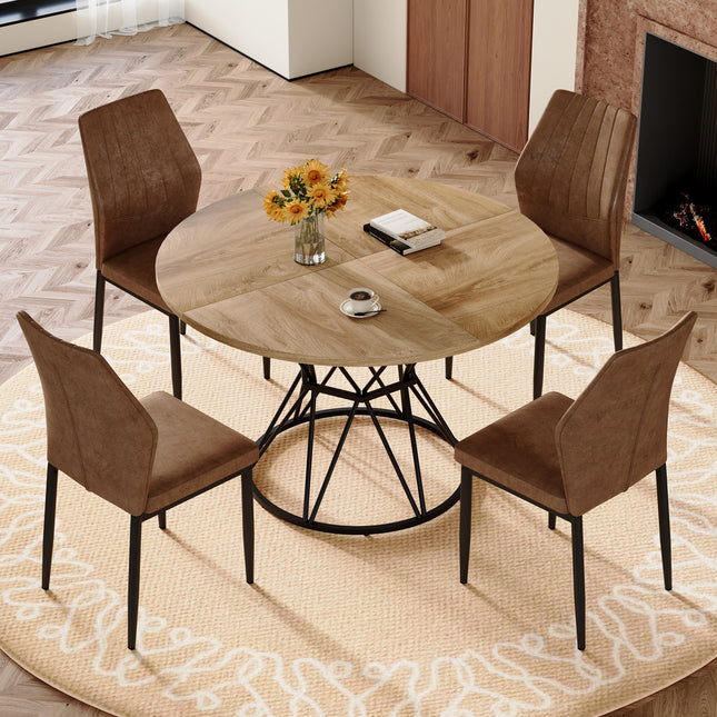 Table and Chair Set.A wood MDF table with a diameter of 47.3 inches,black hourglass shaped metal brackets. Paired with 4 brown technology fabric dining chairs With Black Metal Legs.