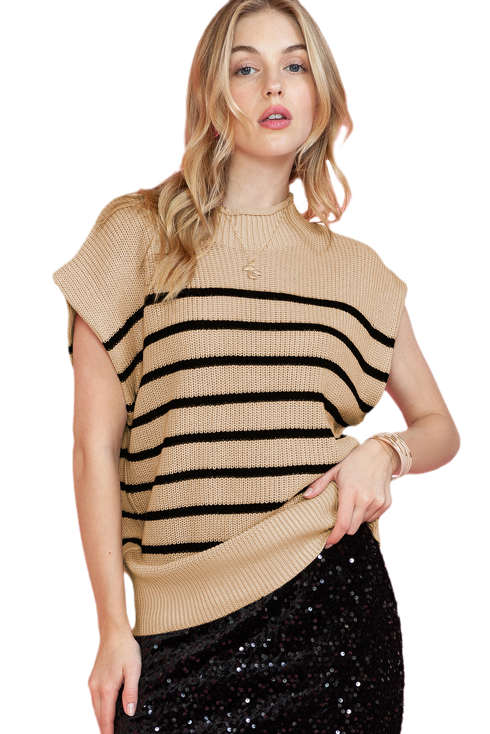 Wholesale Parchment Striped Knit Mock Neck Short Sleeve Sweater - Eloy Royal