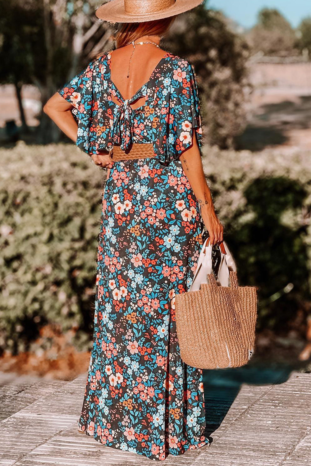 Sky Blue Boho Floral Print Knotted Backless Maxi Dress - Eloy Royal