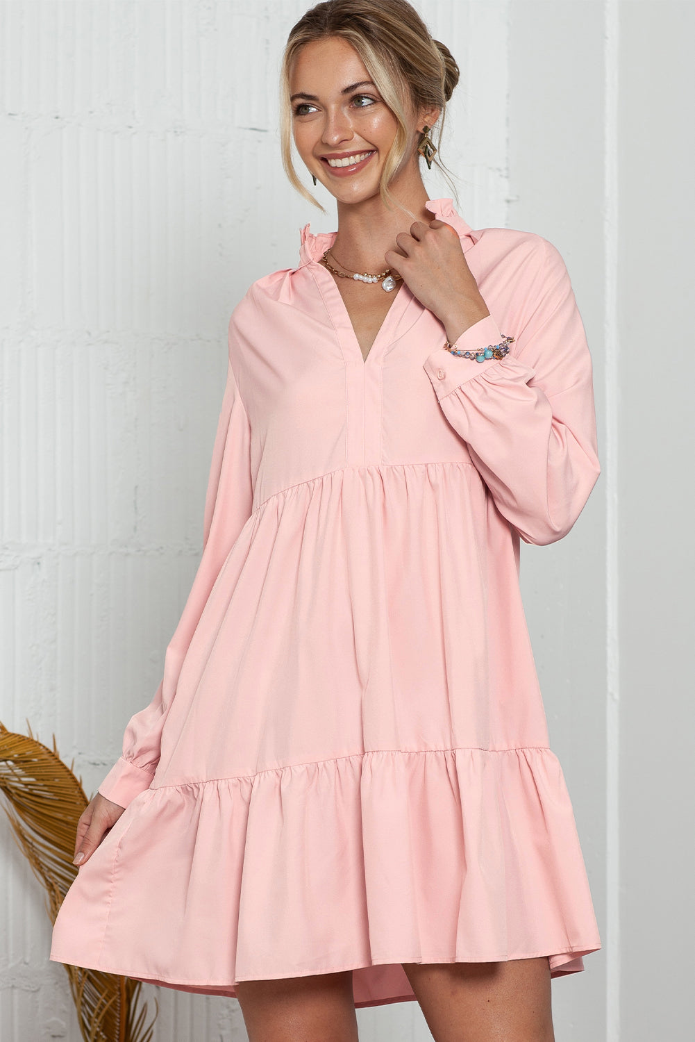 Pink Casual Stand V Neck Short Frill Dress - Eloy Royal