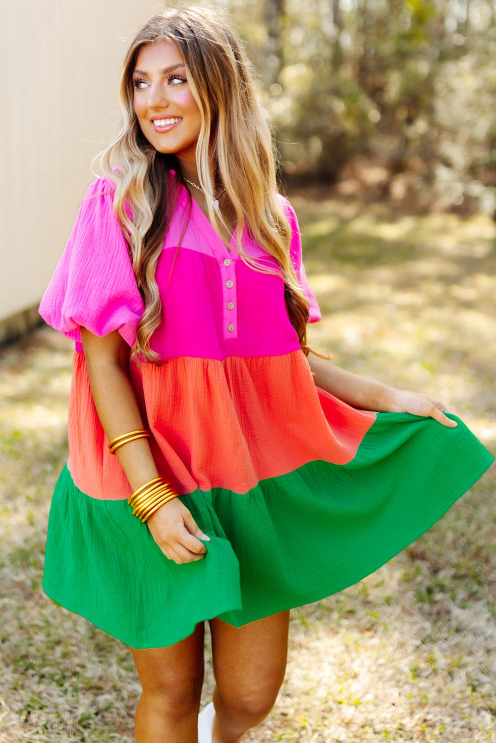 Multicolor Color Block Tiered Puff Sleeve Dress - Eloy Royal