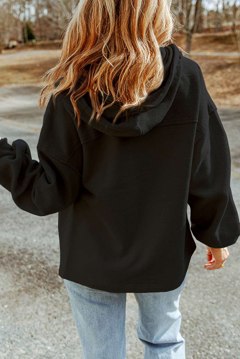 Black Bishop Sleeve Zip Up Hoodie Jacket with Flap Pockets