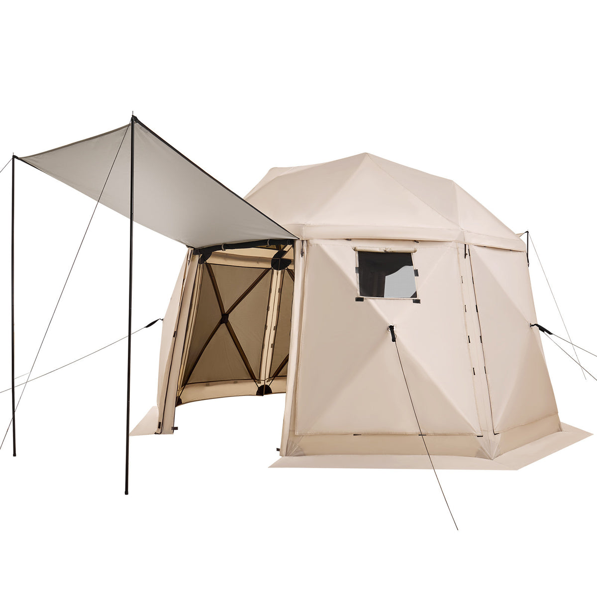 Pop up Gazebo Screen Tent, 12 x 12 ft, 13-Sided Spherical Camping Canopy Tent with Removable Top & Carry Bag, Quick-Set & Bite-Proof, Screen House Sun Shelter for 8-10 Persons, Beige