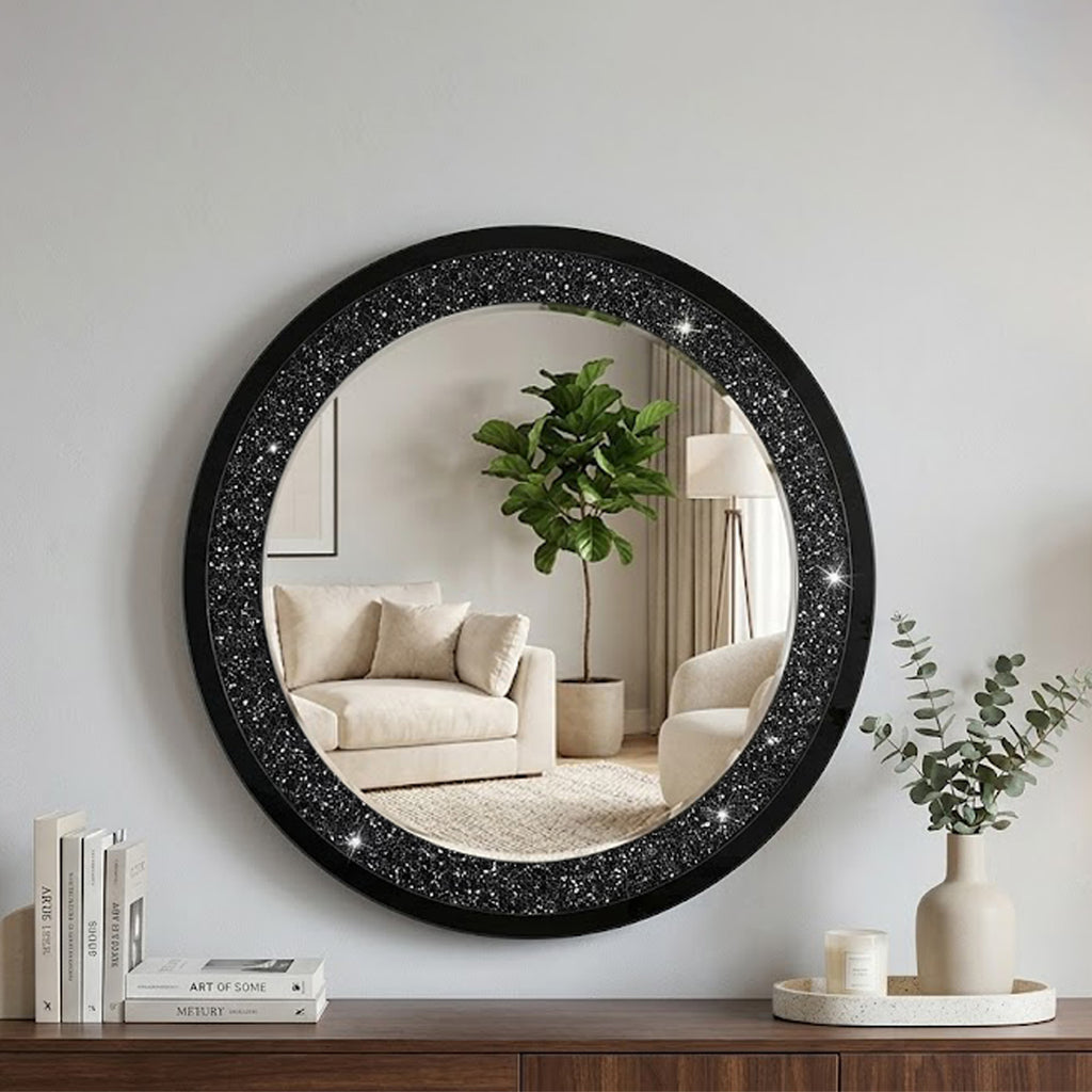 Modern Handcrafted Crushed Crystal Round Wall Mirror - High-Quality Multi-Use Decorative Mirror(BLACK)