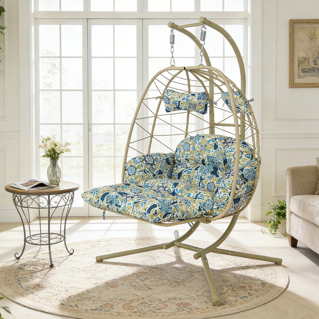 2 Person Hanging Egg Chair with Stand, Double Outdoor Wicker Swing Chair with Adjustable Footrest & Thickened Cushions for Patio Garden Balcony