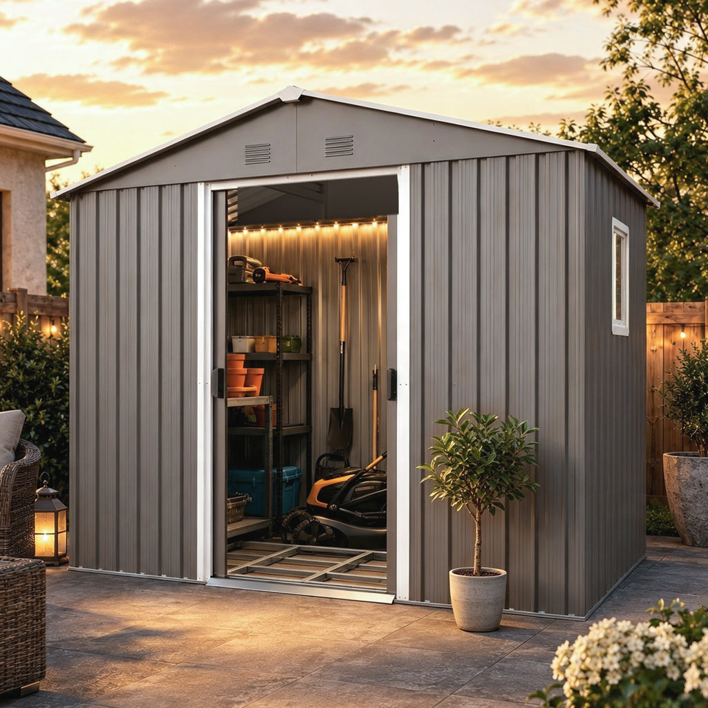 8ft x 4ft Outdoor Metal Storage Shed With window and metal foundation,Gray(W54071037)