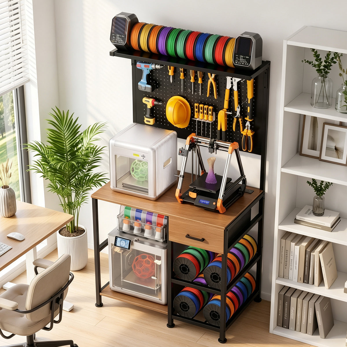 3D Printer Stand with Filament Storage Workstation, 3D Printer Workbench with Drawer and Charging Station, Large Printer Shelf with Pegboard and Hooks for Home Studio Garage