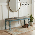 Prato Two-Tone Wood Upholstered Dining Bench, Antique Brown and Distressed Blue