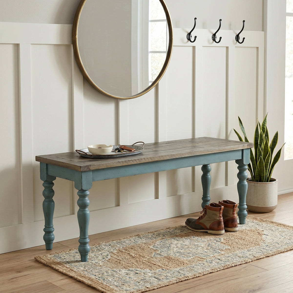 Prato Two-Tone Wood Upholstered Dining Bench, Antique Brown and Distressed Blue