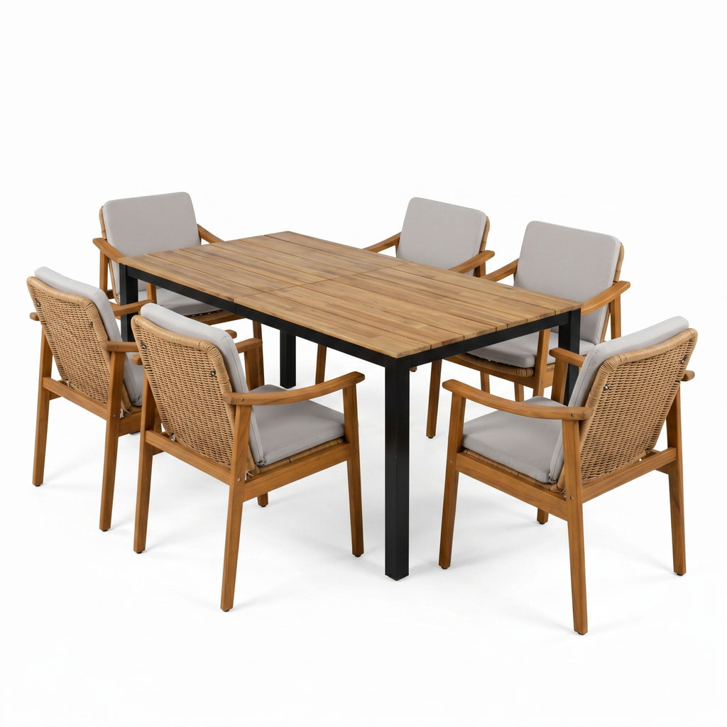 7-Piece Outdoor Patio Dining Set with Teak Acacia Frames, Brown PE Wicker, Grey Cushions, 71' Table + 6 Arm Chairs