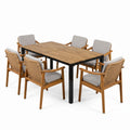 7-Piece Outdoor Patio Dining Set with Teak Acacia Frames, Brown PE Wicker, Grey Cushions, 71' Table + 6 Arm Chairs