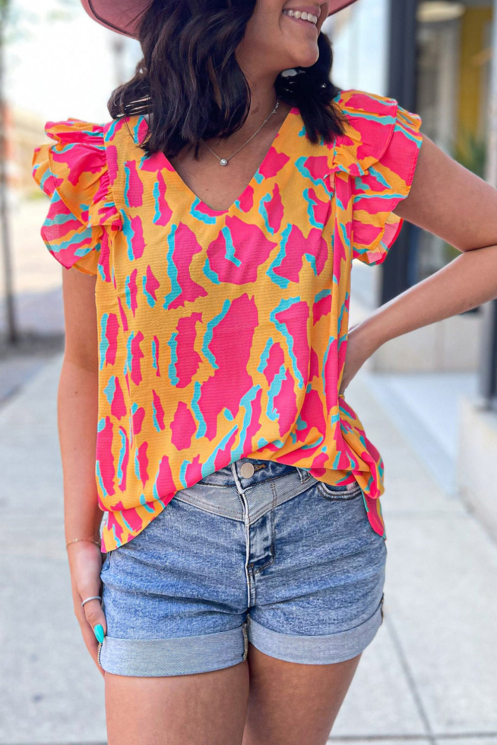 Orange Abstract Print V Neck Ruffled Sleeve Blouse - Eloy Royal