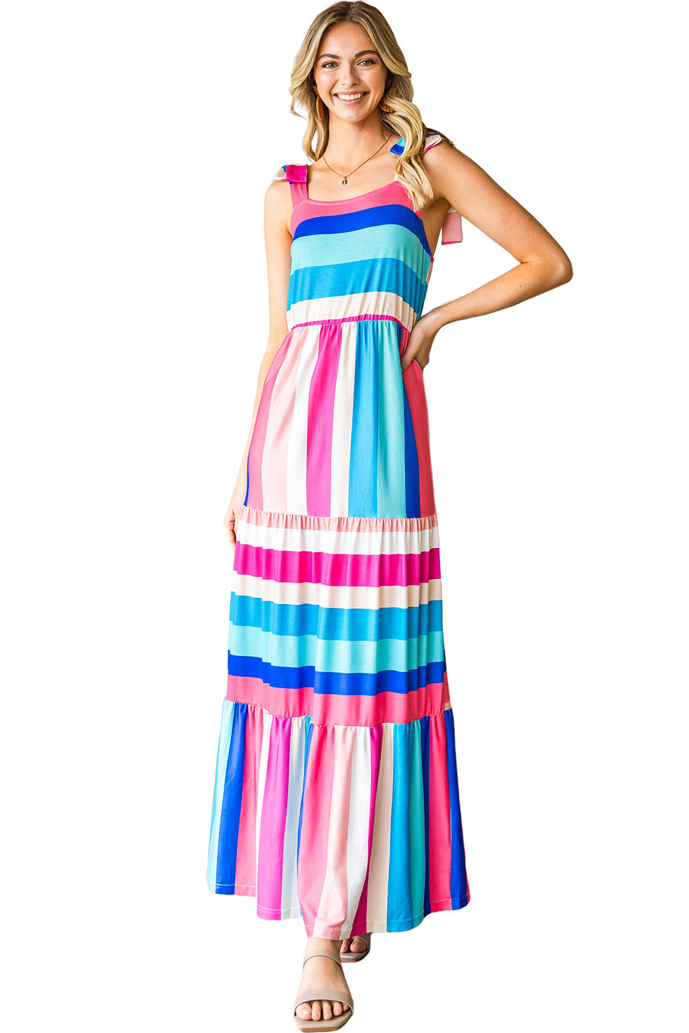 Multicolor Striped Print Bow Knot Straps Sleeveless Maxi Dress - Eloy Royal