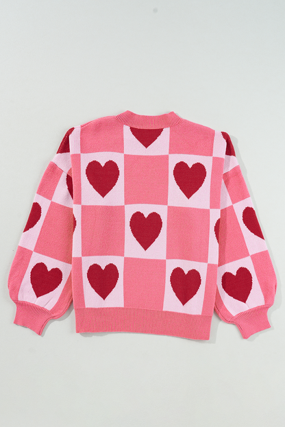 Pink Plus Size Heart Checkered Colorblock Lantern Sleeve Sweater