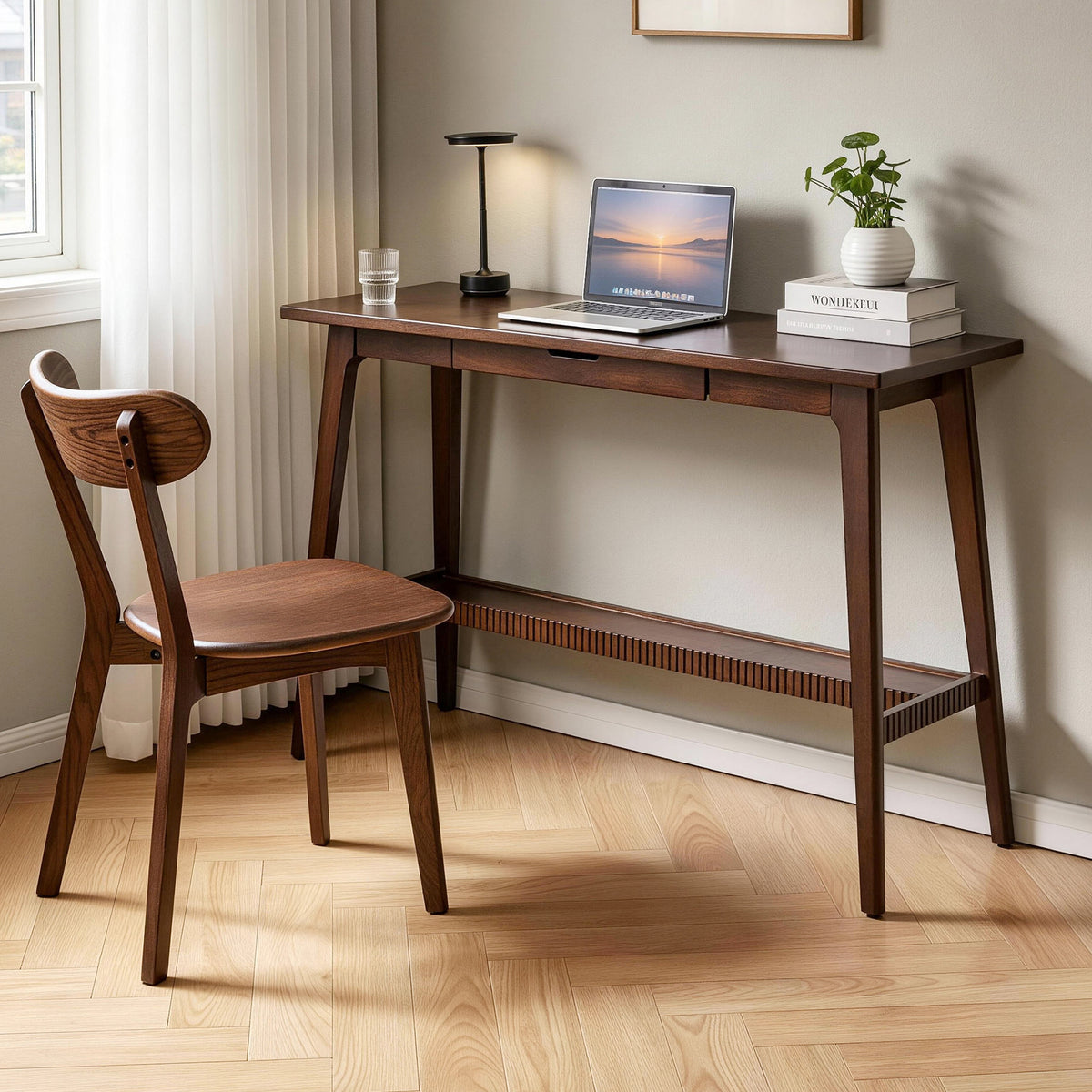 Multipurpose 100% Solid Hardwood Student Study Desk, Long Computer Writing Table with Drawer & Storage Shelf, Home Office Workstation