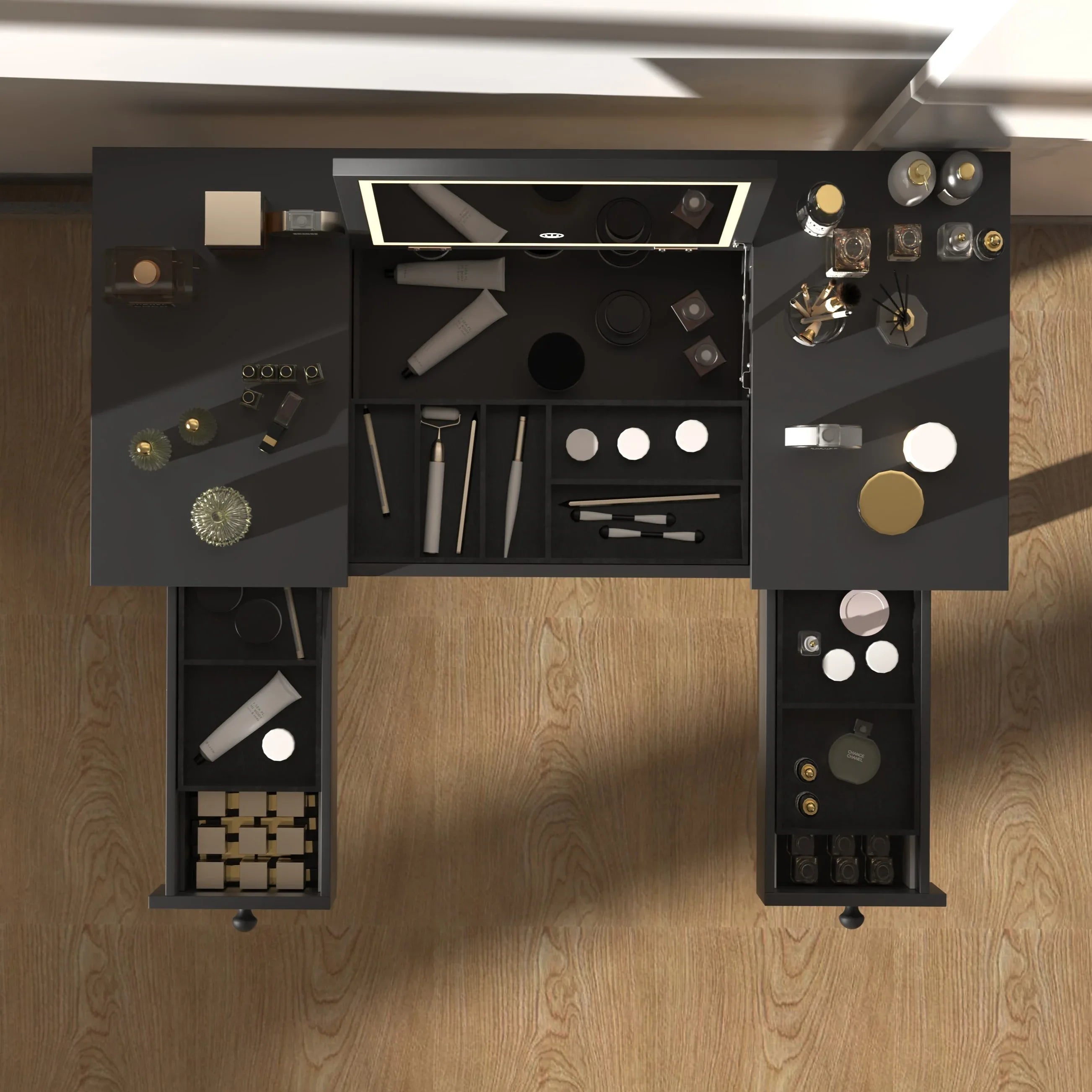 Makeup Vanity Desk with Mirror - 3-Level Adjustable LED Lighting, Flip-Top Storage 2 Drawers & 3 Removable Organizer Boxes, Multifunctional Compact Dressing Table for Bedroom, 15.75 Inch Width-Black - Eloy Royal