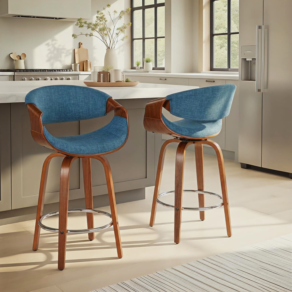 Curvini 26' Mid-Century Modern Fixed-Height Counter Stool with Swivel in Walnut Wood and Blue Fabric with Round Chrome Metal Footrest by LumiSource - Set of 2