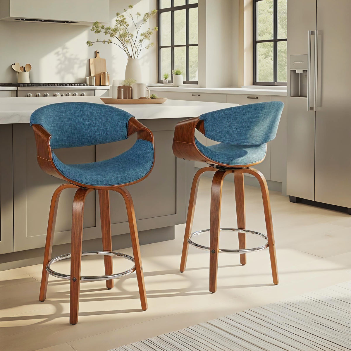 Curvini 26' Mid-Century Modern Fixed-Height Counter Stool with Swivel in Walnut Wood and Blue Fabric with Round Chrome Metal Footrest by LumiSource - Set of 2